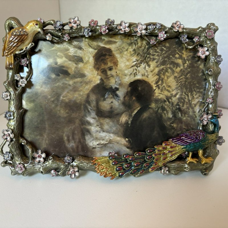 Vintage Jeweled Peacock Picture Frame Rhinestone Enamel Bird Floral 4x6