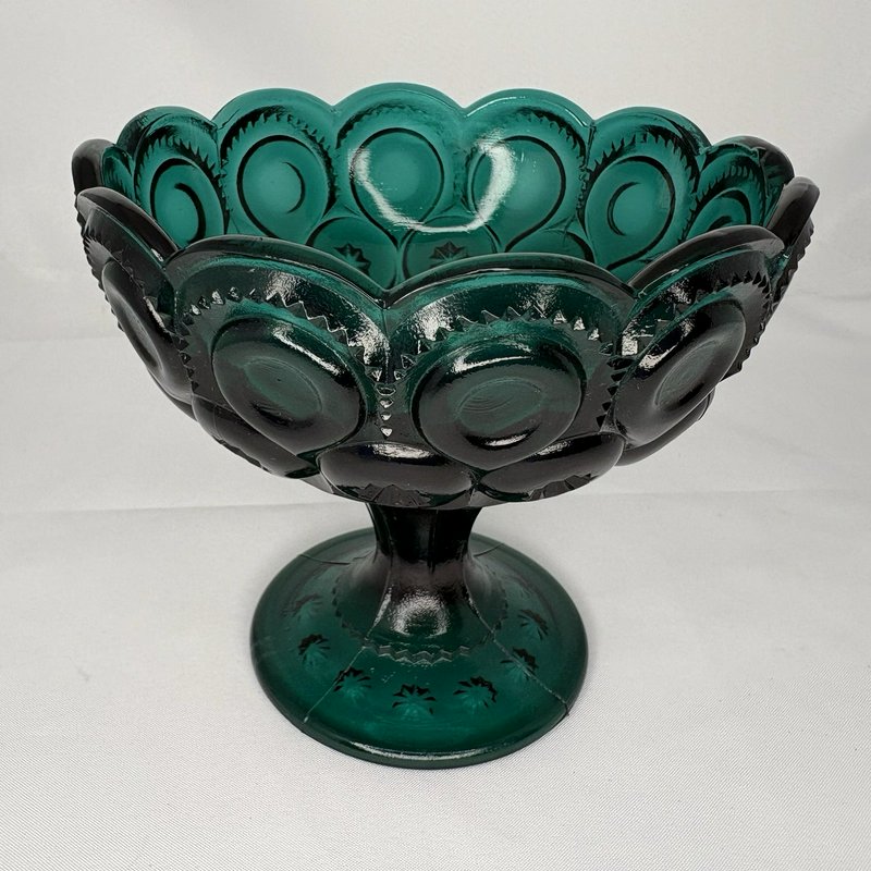 Vintage Teal Blue Green Glass Pedestal Compote Thumbprint Starburst Bowl