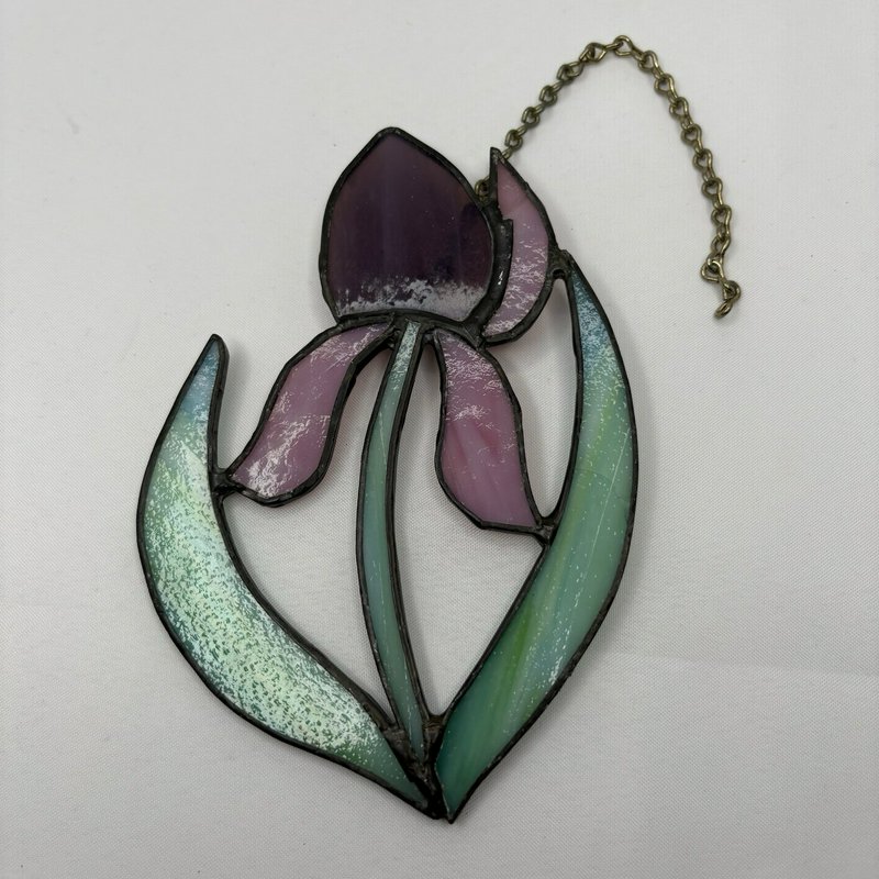 Stained Glass Iris Flower Suncatcher Purple Pink Green Hanging Panel