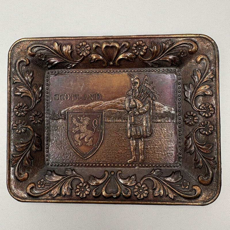 Vintage Scotland Copper Tray Daysun Japan Bagpiper Crest Trinket Dish