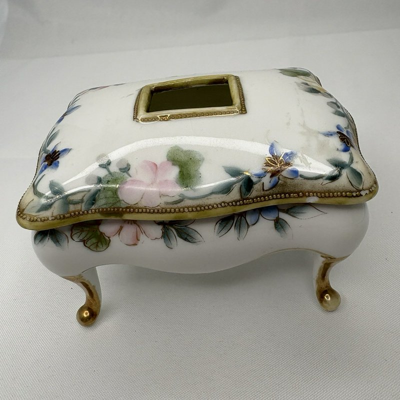 Antique Nippon Hand Painted Floral Porcelain Footed "Hair Receiver" Box