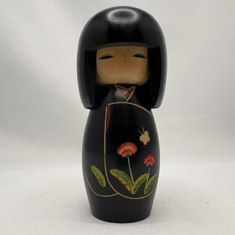 Vintage Kokeshi Doll Kinio Miyakawa Miyagi Award Artist Black Floral 5”