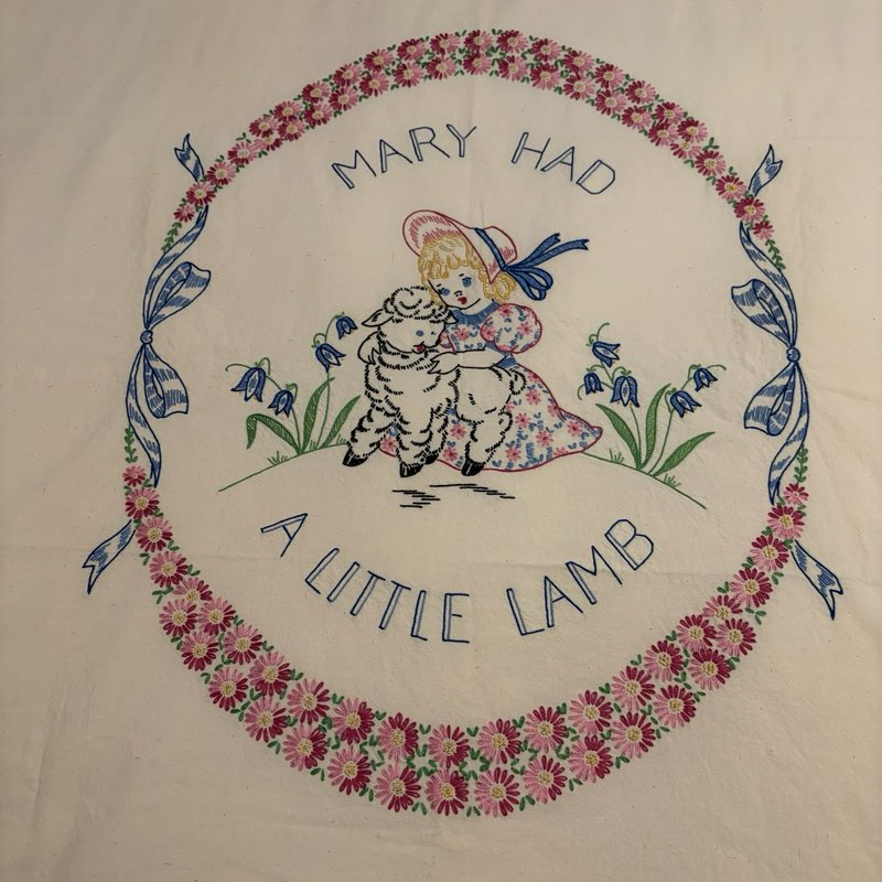 Vintage Feedsack Style Linen Mary Had Little Lamb Embroidered Panel 58x37