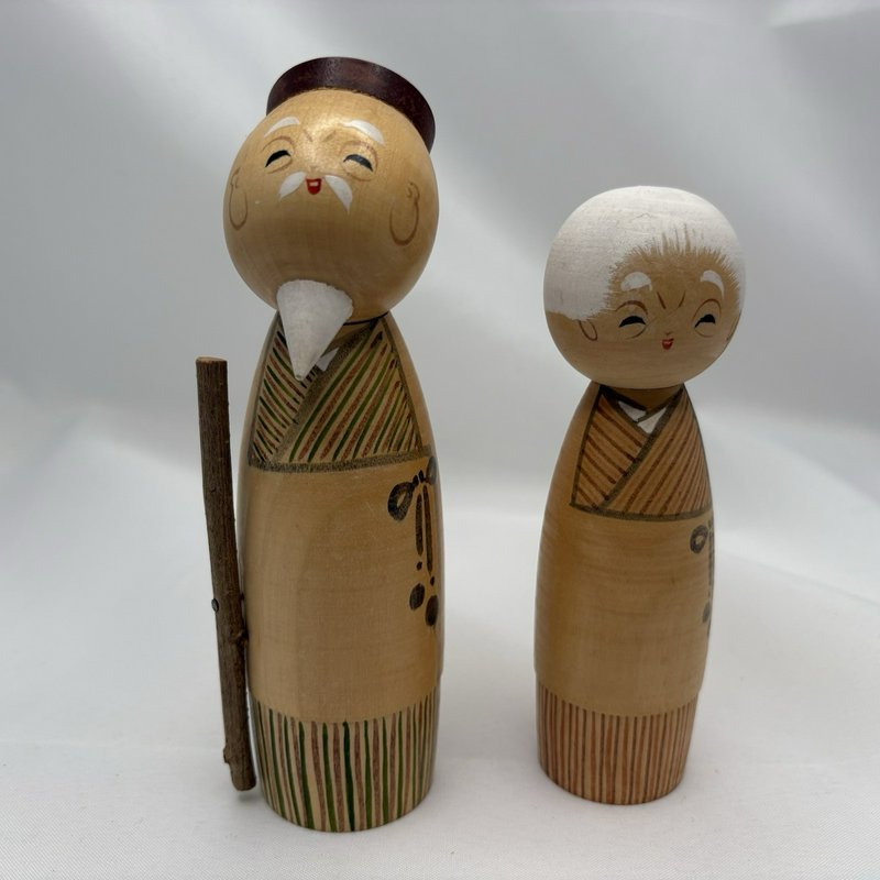 Vintage Japanese Kokeshi Elderly Couple Grandma Grandpa Doll Pair Marked