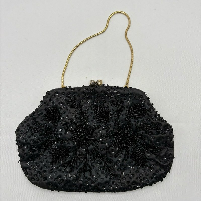 Vintage Fortune Black Beaded Evening Purse Hong Kong Satin Kiss Lock Bag
