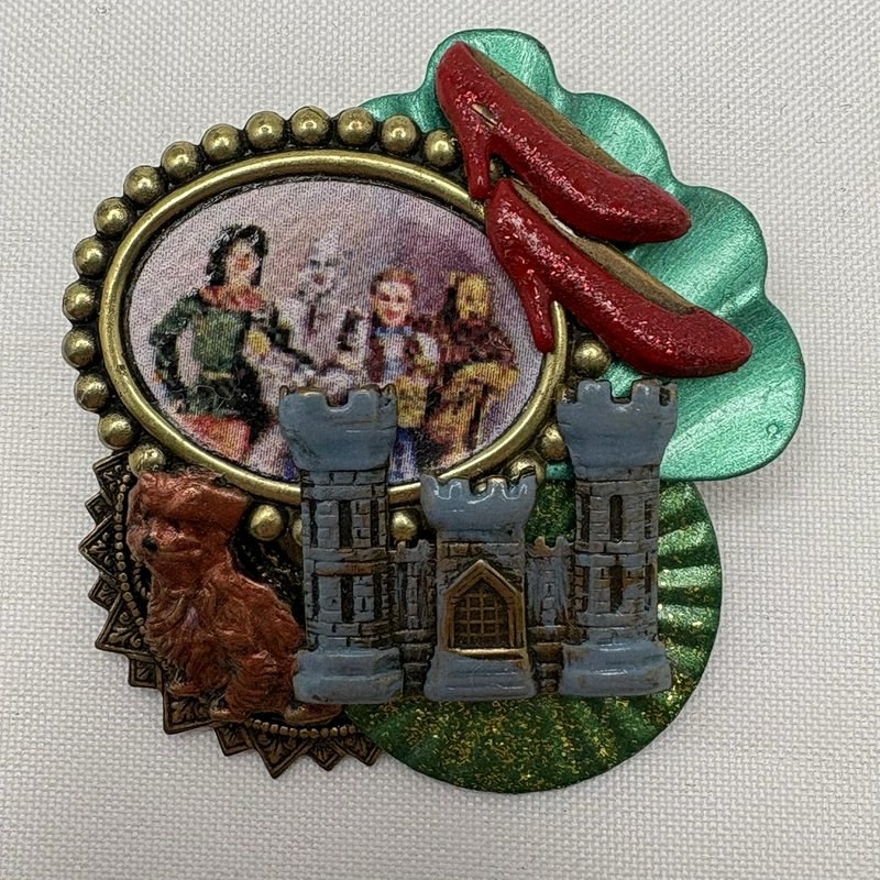 Vintage Montage Designs Wizard of Oz Brooch Pin Ruby Slippers Lion Castle