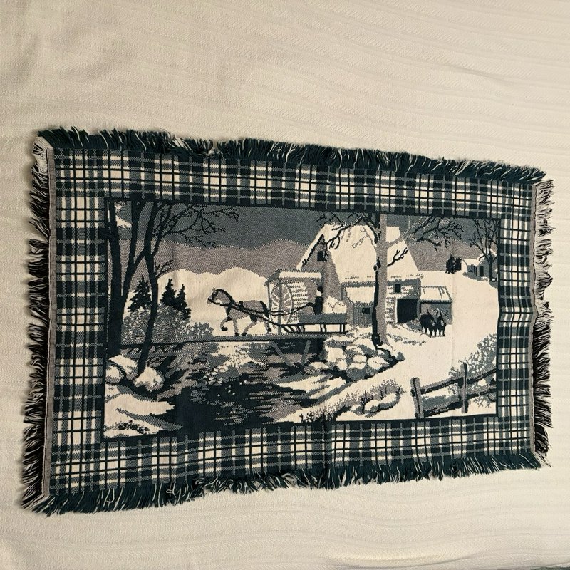 Vintage Winter Sleigh Ride Woven Tapestry Throw Accent Rug Wall Hanging 43x26.5