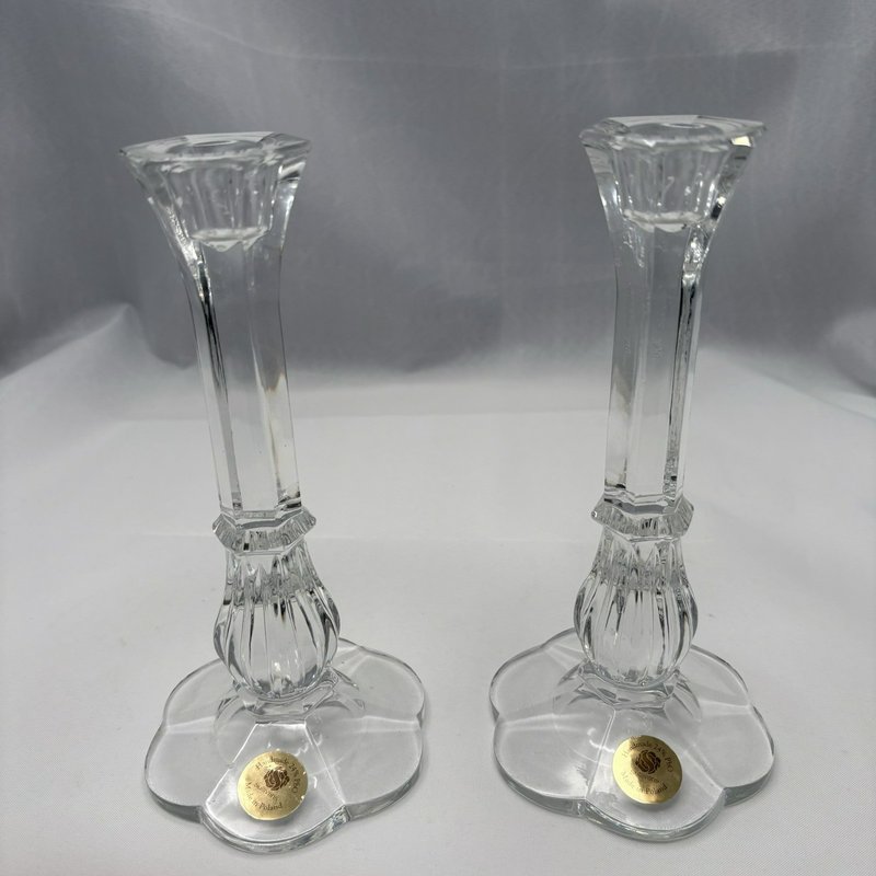 Sullivans 24% PbO Lead Crystal Candlestick Holders Pair Handmade Poland 8”