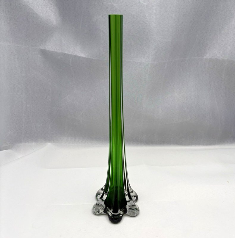 Vintage Emerald Green Art Glass Elephant Foot Bud Vase 11.5” Impressed Mark